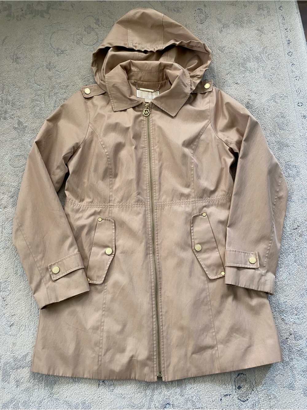 MIchael Kors Hooded Rain Jacket Trench Coat Medium Tan w/ Gold Hardware